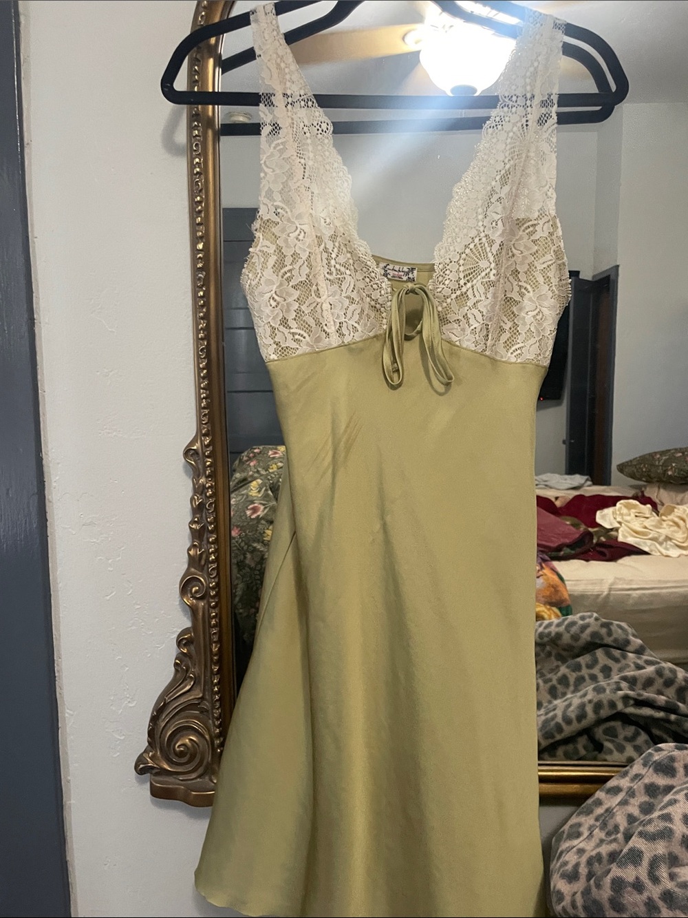 Free people Satin Lace Trim Sleep Chemise in Olive Green